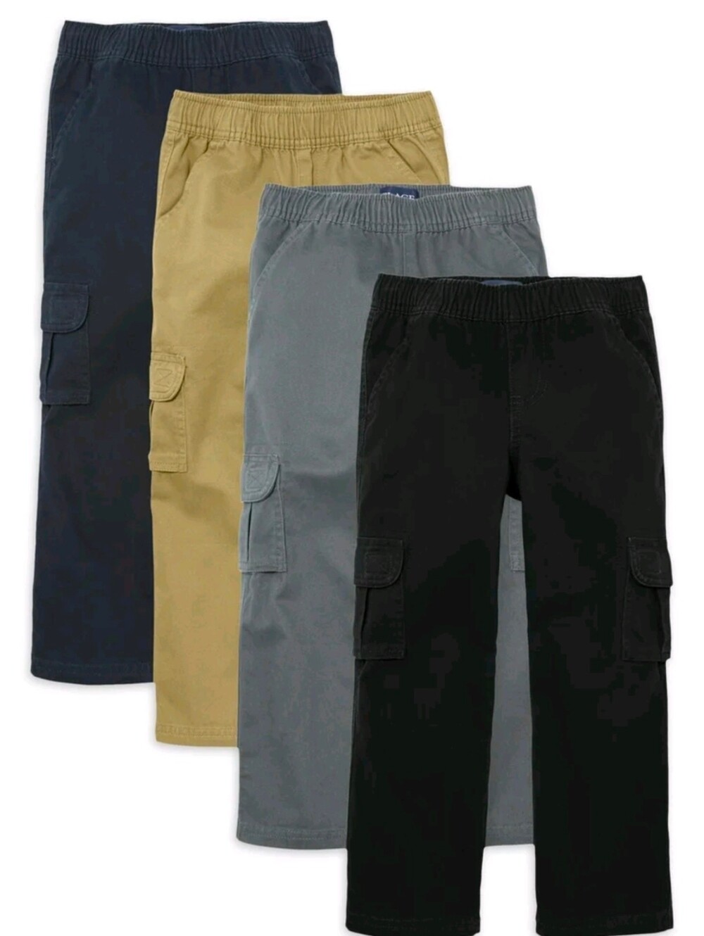 Boys Pull-On Cargo Pants - Black, Gray, Tan, Navy 4-Pack